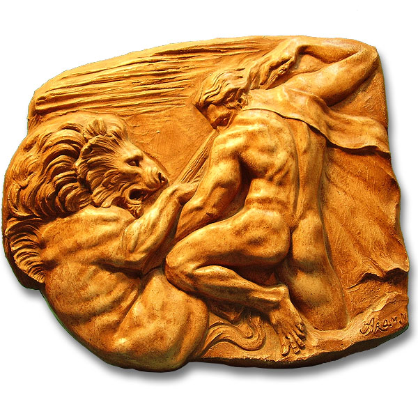 Lion fight (relief). Sculptors in Madrid